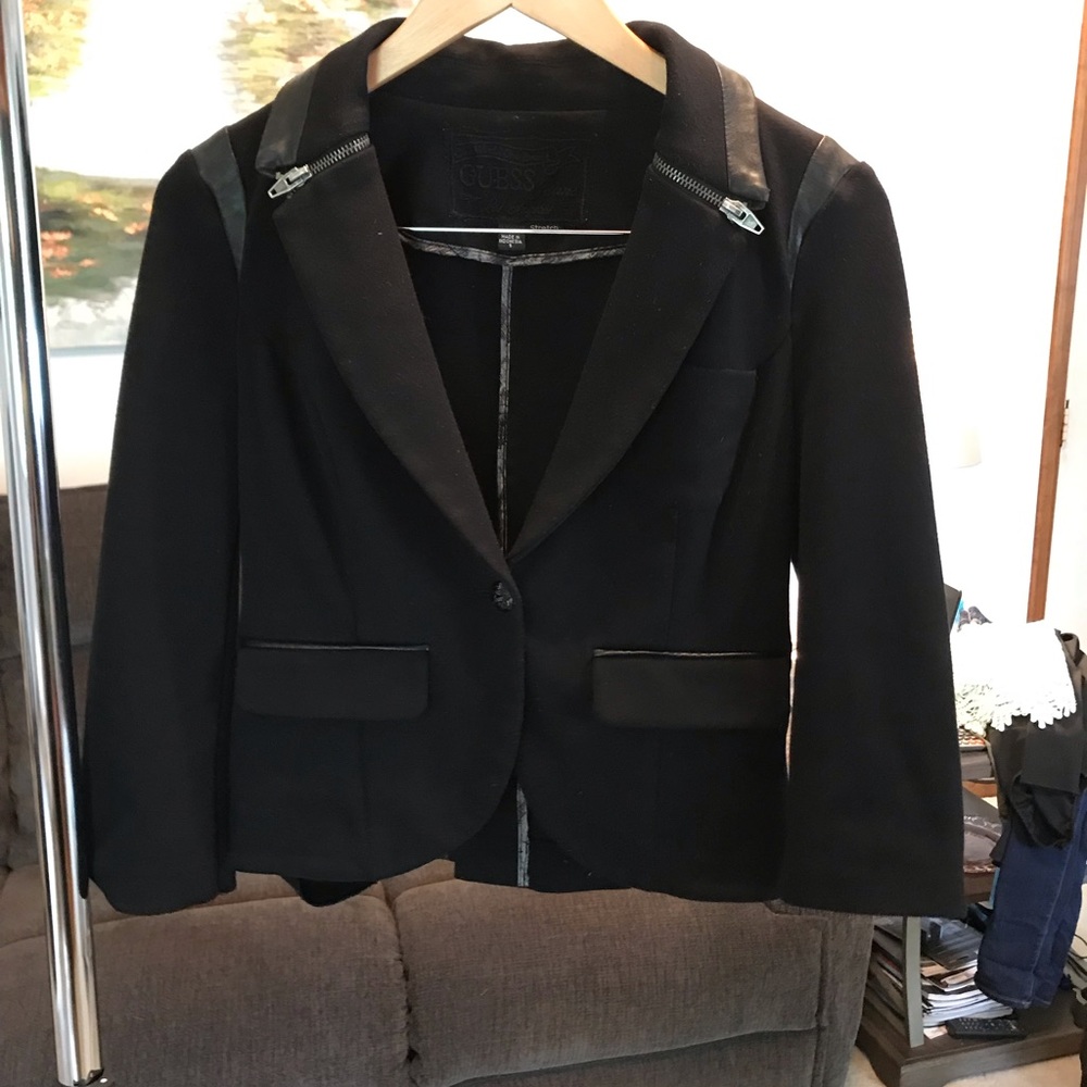 Guess Black Blazer with Leather Trim Details